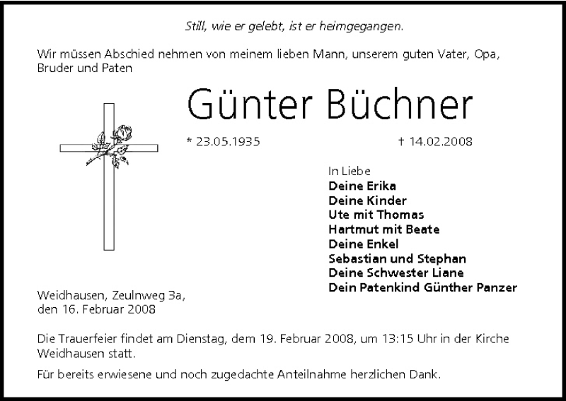  Traueranzeige für Günter Büchner vom 16.02.2008 aus MGO