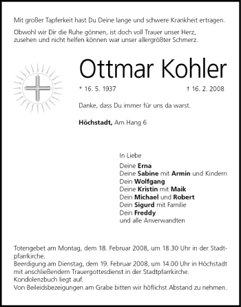 Anzeige von Ottmar Kohler von MGO