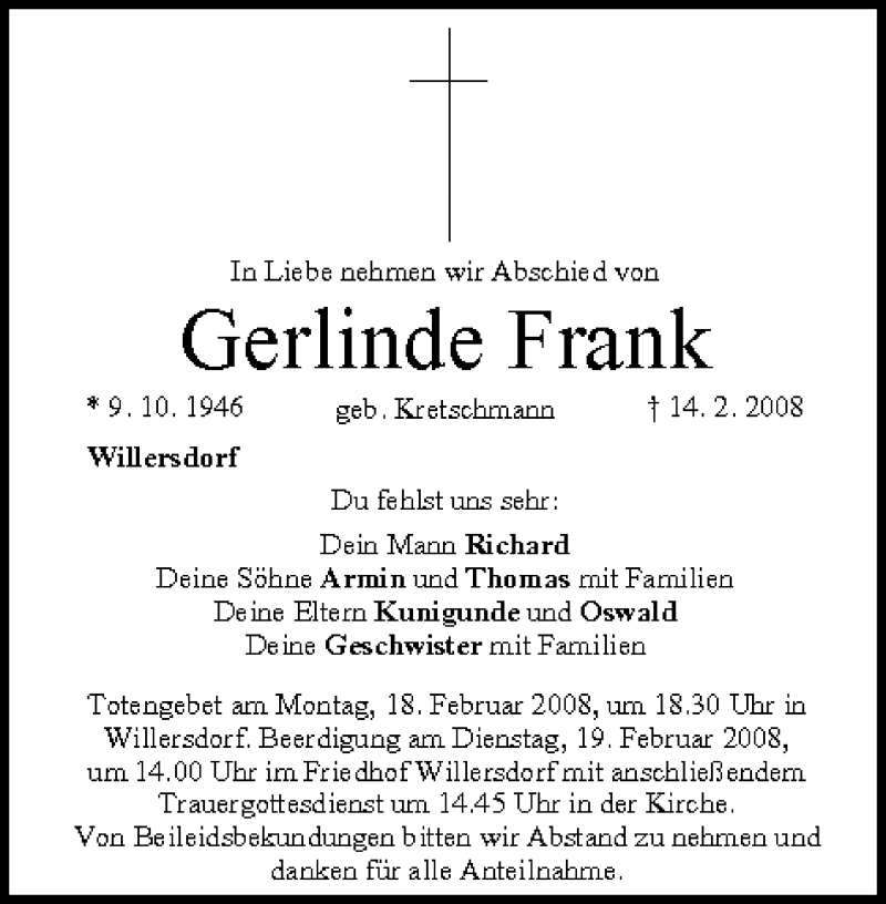  Traueranzeige für Gerlinde Frank vom 16.02.2008 aus MGO