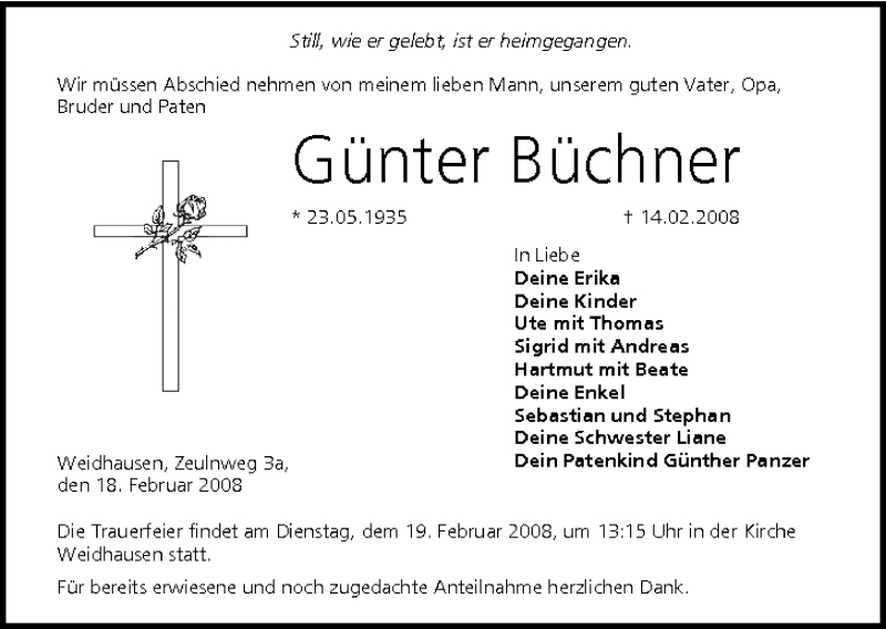  Traueranzeige für Günter Büchner vom 18.02.2008 aus MGO
