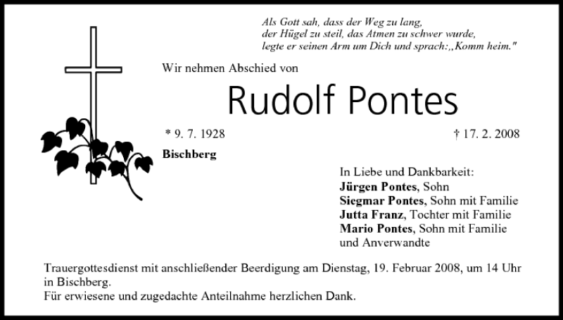 Traueranzeige für Rudolf Pontes vom 18.02.2008 aus MGO
