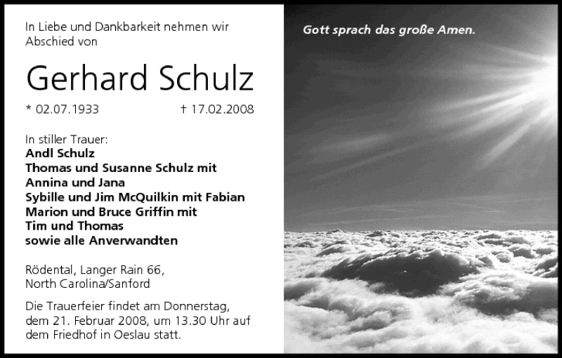  Traueranzeige für Gehard Schulz vom 19.02.2008 aus MGO