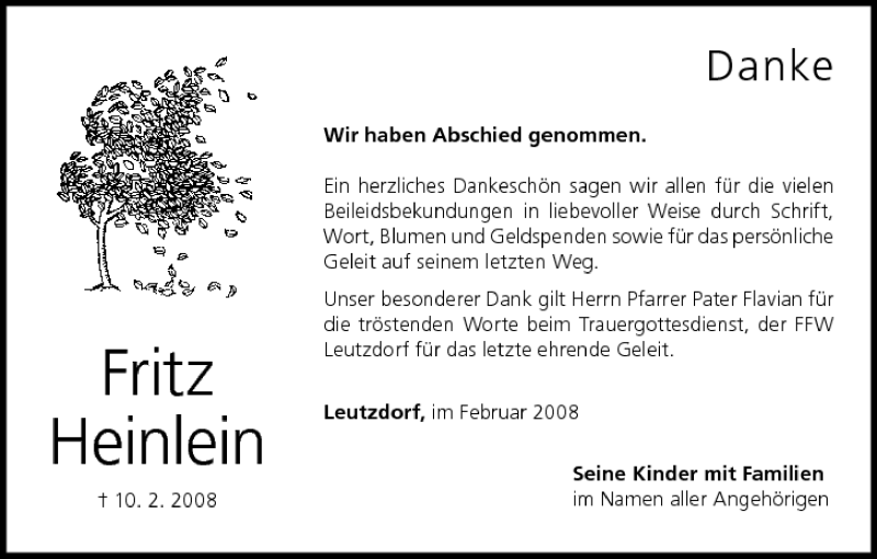  Traueranzeige für Fritz Heinlein vom 20.02.2008 aus MGO