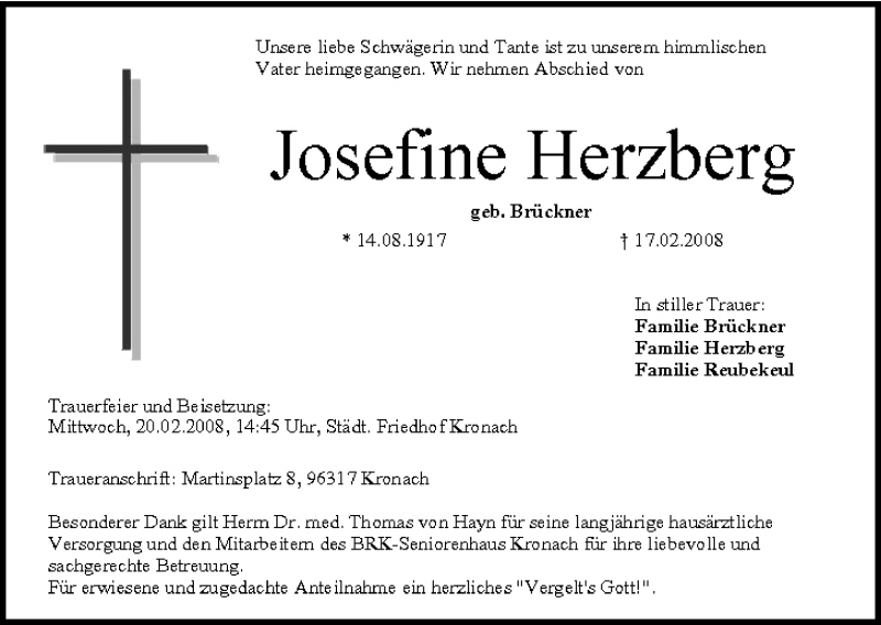  Traueranzeige für Josefine Herzberg vom 19.02.2008 aus MGO