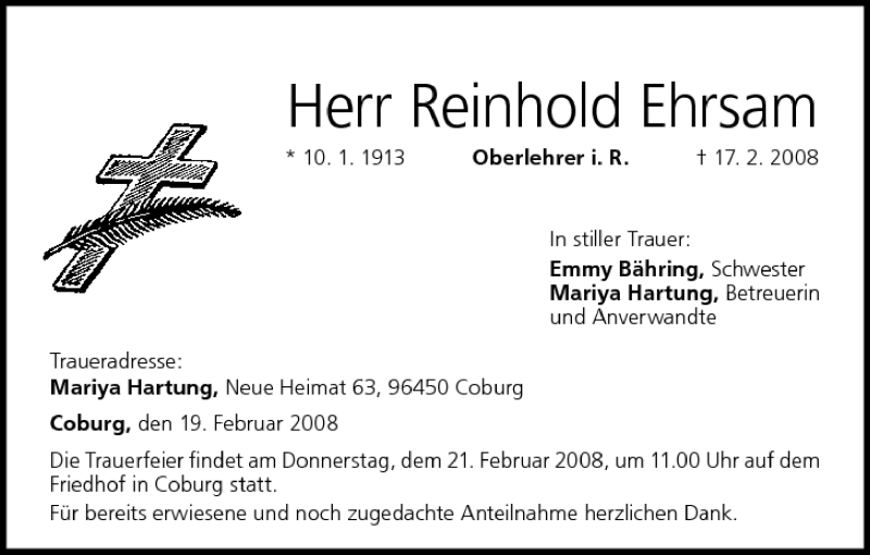  Traueranzeige für Reinhold Ehrsam vom 19.02.2008 aus MGO