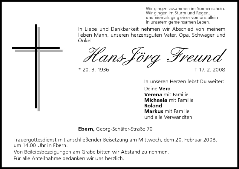  Traueranzeige für Hans-Jörg Freund vom 19.02.2008 aus MGO