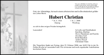 Anzeige von Hubert Christian von MGO