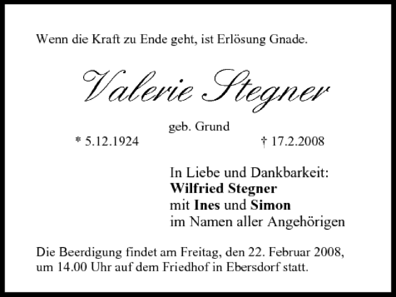  Traueranzeige für Valerie Stegner vom 20.02.2008 aus MGO