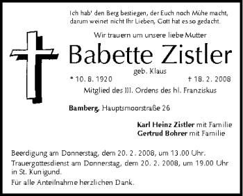 Anzeige von Babette Zistler von MGO