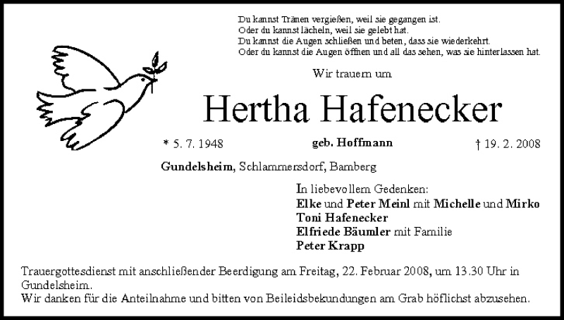  Traueranzeige für Hertha Hafenecker vom 21.02.2008 aus MGO