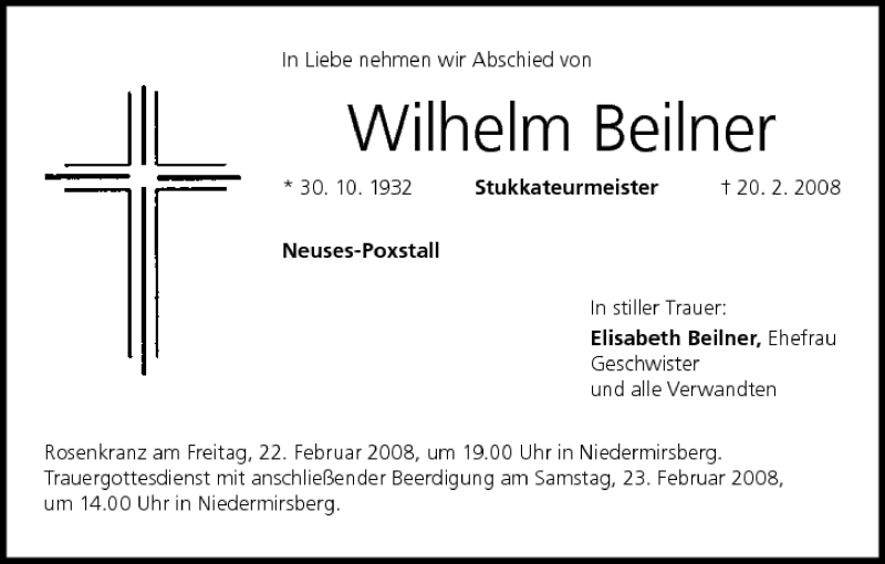  Traueranzeige für Wilhelm Beilner vom 22.02.2008 aus MGO