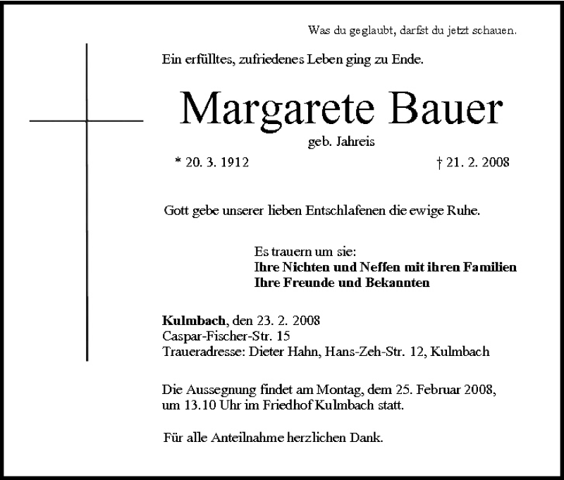  Traueranzeige für Margarete Bauer vom 23.02.2008 aus MGO