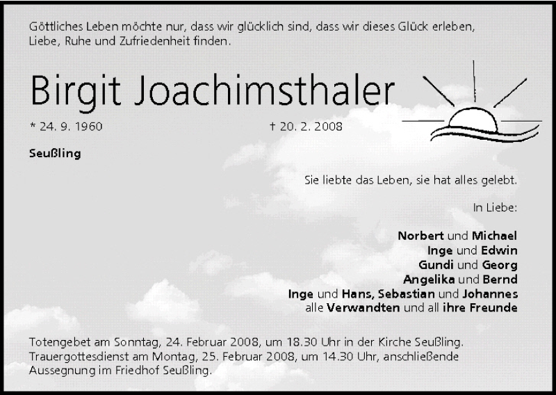  Traueranzeige für Birgit Joachimsthaler vom 22.02.2008 aus MGO