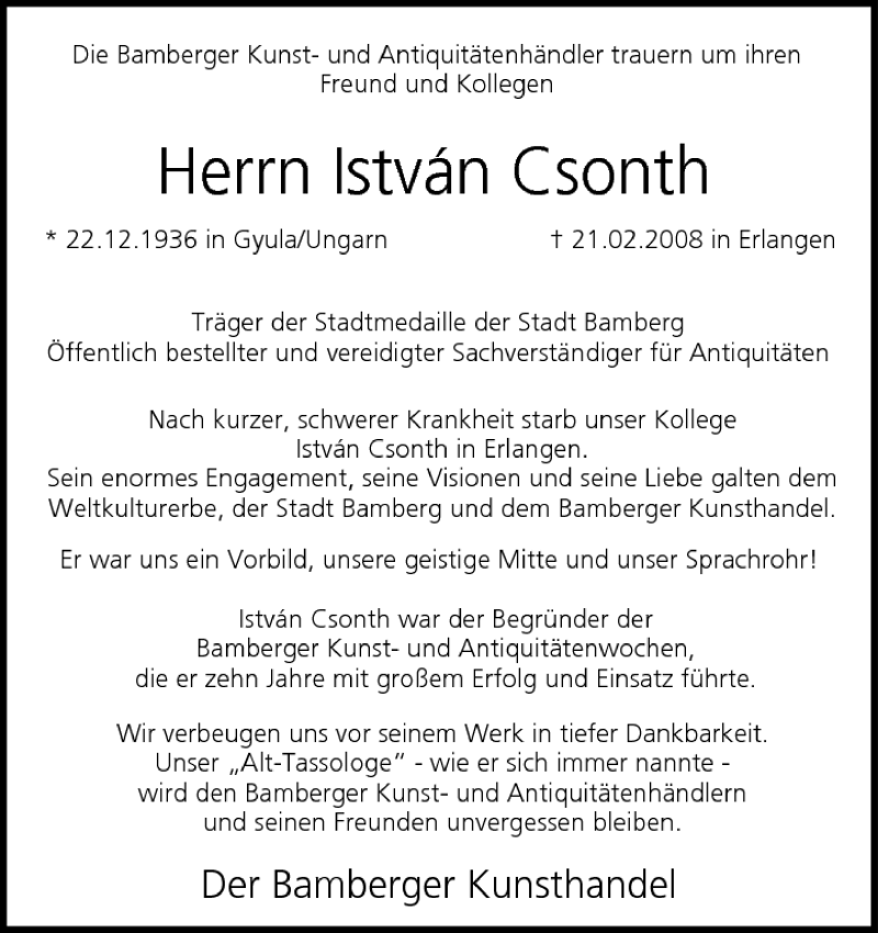  Traueranzeige für lstvan Csonth vom 23.02.2008 aus MGO