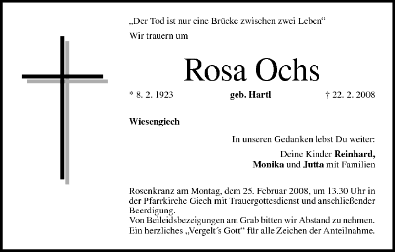  Traueranzeige für Rosa Ochs vom 23.02.2008 aus MGO