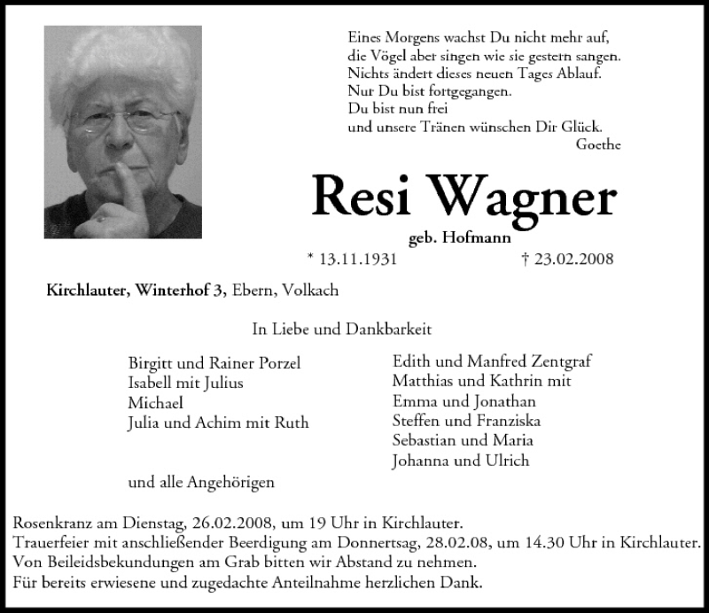  Traueranzeige für Resi Wagner vom 26.02.2008 aus MGO
