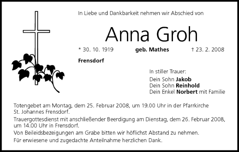  Traueranzeige für Anna Groh vom 25.02.2008 aus MGO