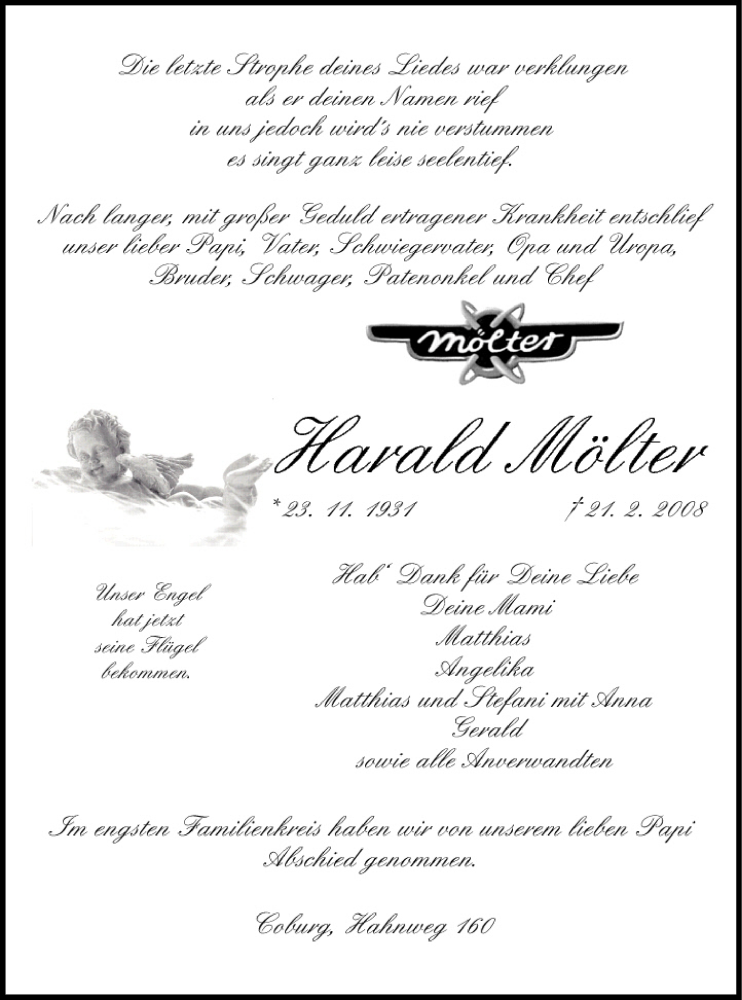  Traueranzeige für Harald Mölter vom 27.02.2008 aus MGO