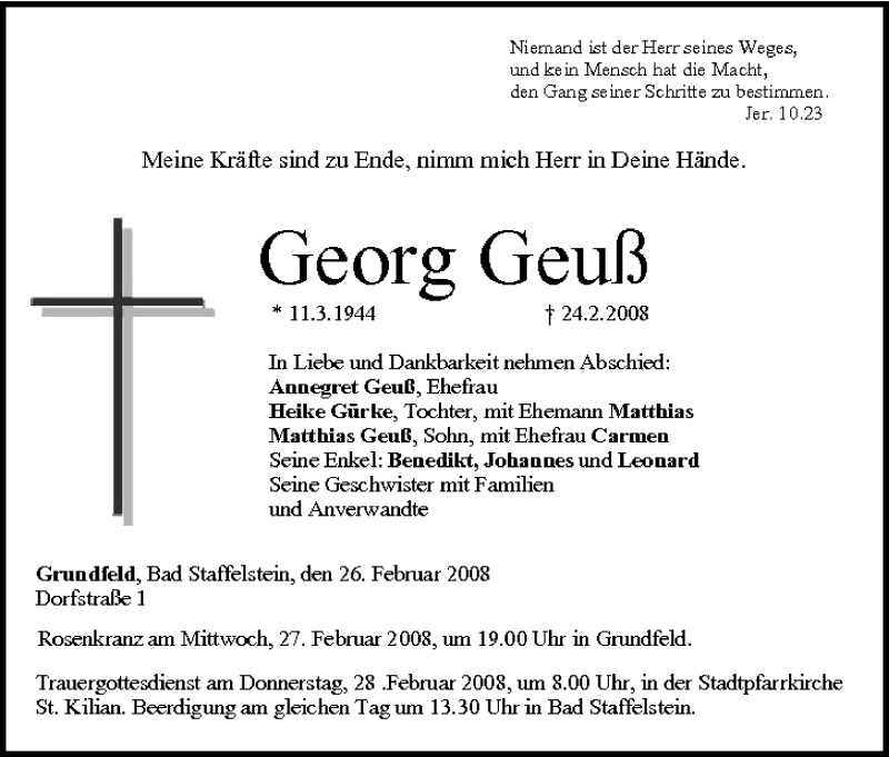  Traueranzeige für Georg Geuß vom 26.02.2008 aus MGO