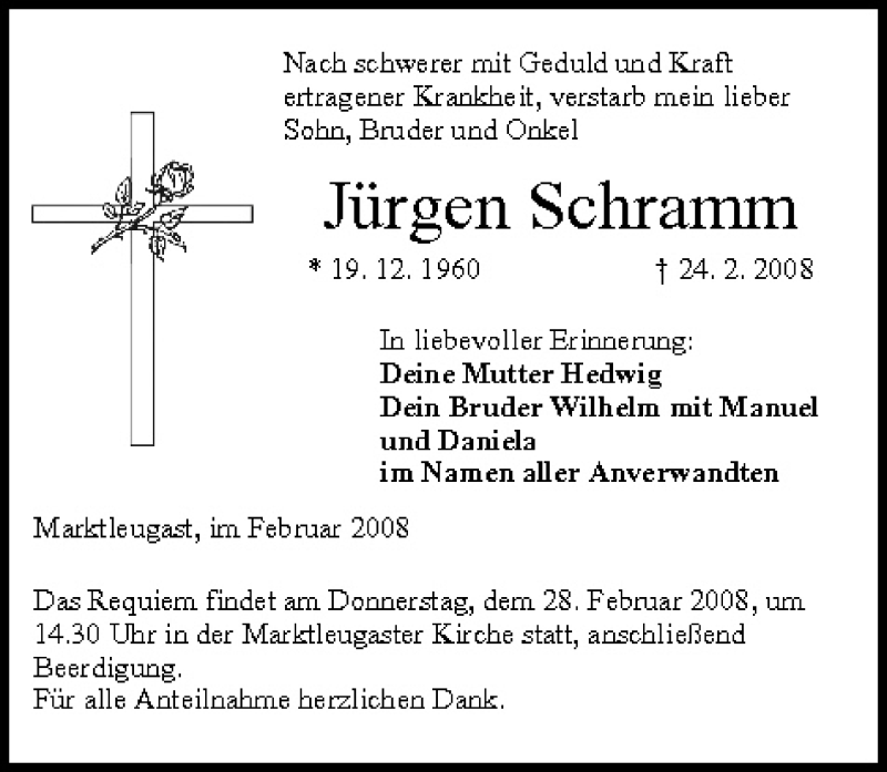  Traueranzeige für Jürgen Schramm vom 26.02.2008 aus MGO