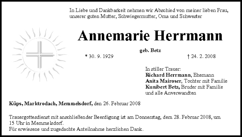  Traueranzeige für Annemarie Herrmann vom 26.02.2008 aus MGO