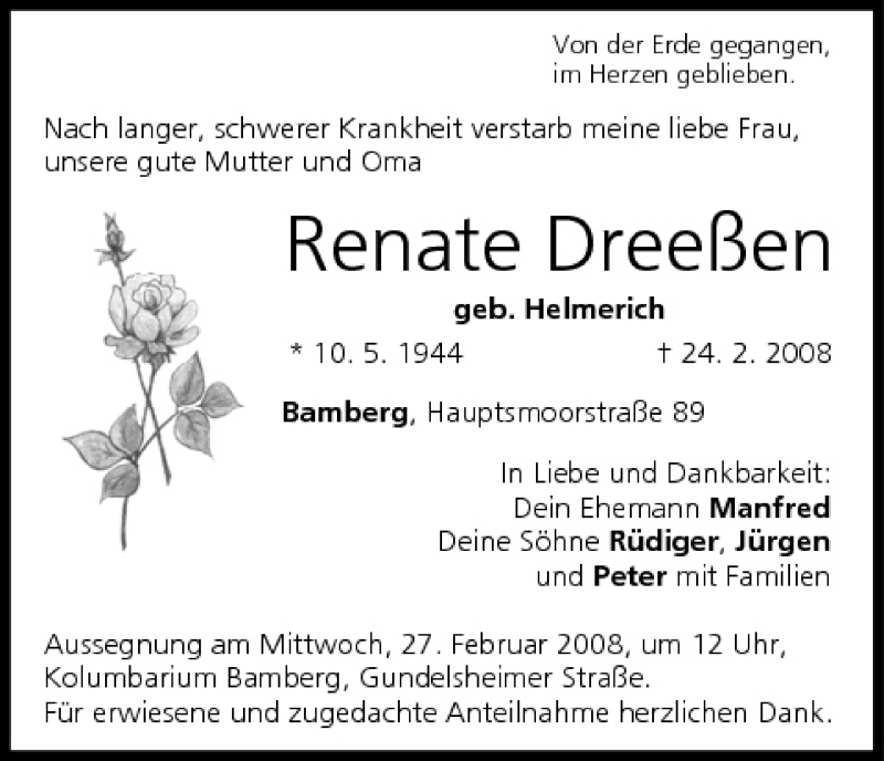  Traueranzeige für Renate Dreeßen vom 26.02.2008 aus MGO