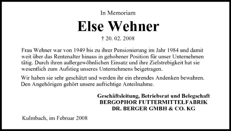  Traueranzeige für Else Wehner vom 27.02.2008 aus MGO