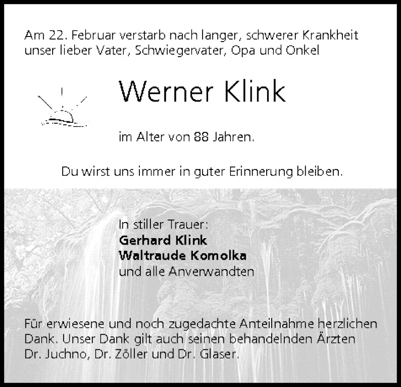  Traueranzeige für Werner Klink vom 27.02.2008 aus MGO
