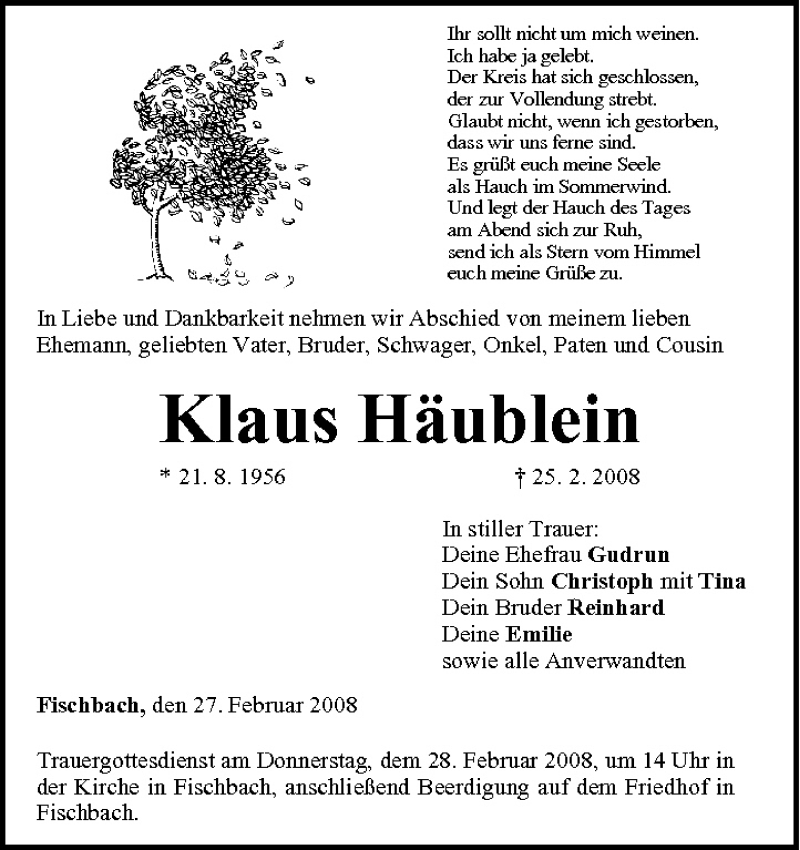  Traueranzeige für Klaus Häublein vom 27.02.2008 aus MGO