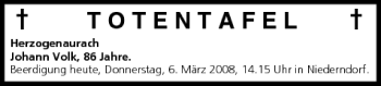 Anzeige von Totentafel vom 06.03.2008 von MGO