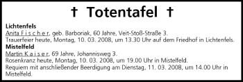 Anzeige von Totentafel vom 10.03.2008 von MGO
