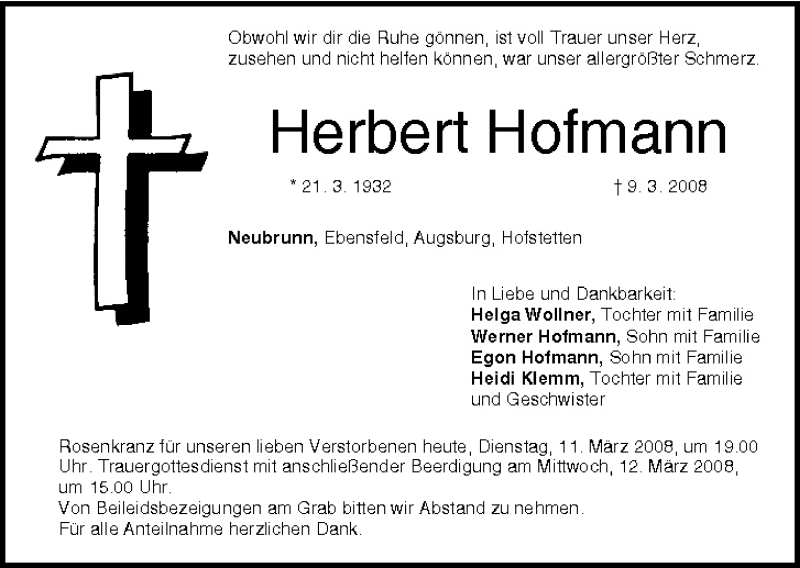  Traueranzeige für Herbert Hofmann vom 11.03.2008 aus MGO
