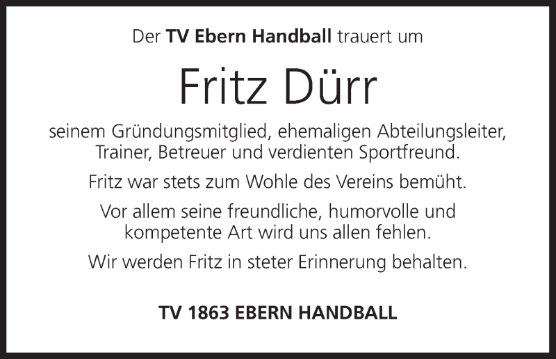  Traueranzeige für Fritz Dürr vom 09.09.2015 aus MGO