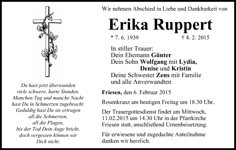  Traueranzeige für Erika Ruppert vom 06.02.2015 aus MGO