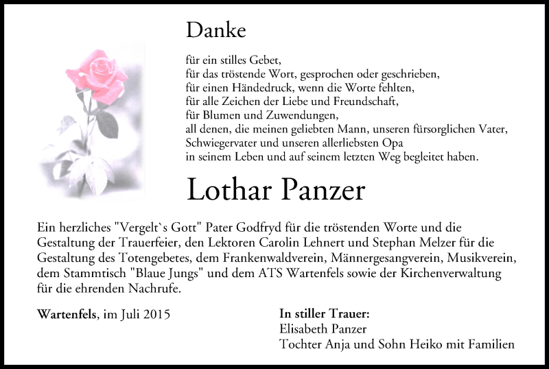  Traueranzeige für Lothar Panzer vom 18.07.2015 aus MGO