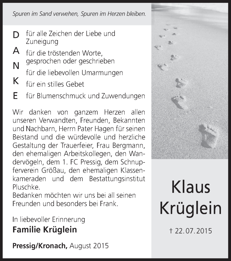  Traueranzeige für Klaus Krüglein vom 20.08.2015 aus MGO