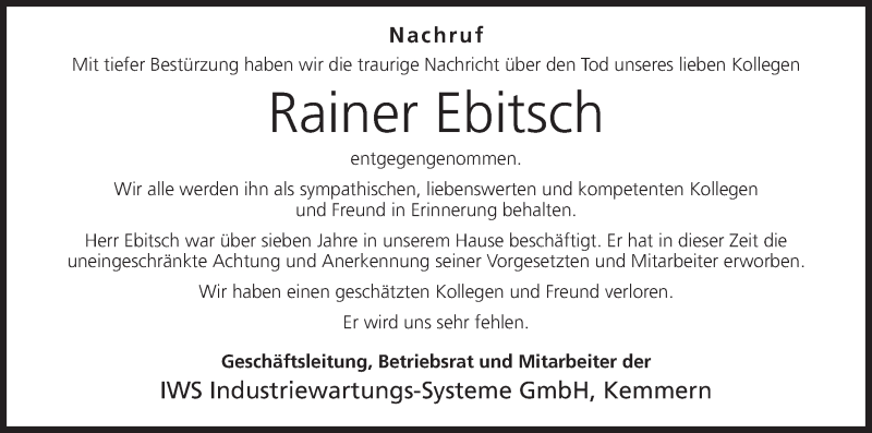  Traueranzeige für Rainer Ebitsch vom 27.05.2015 aus MGO