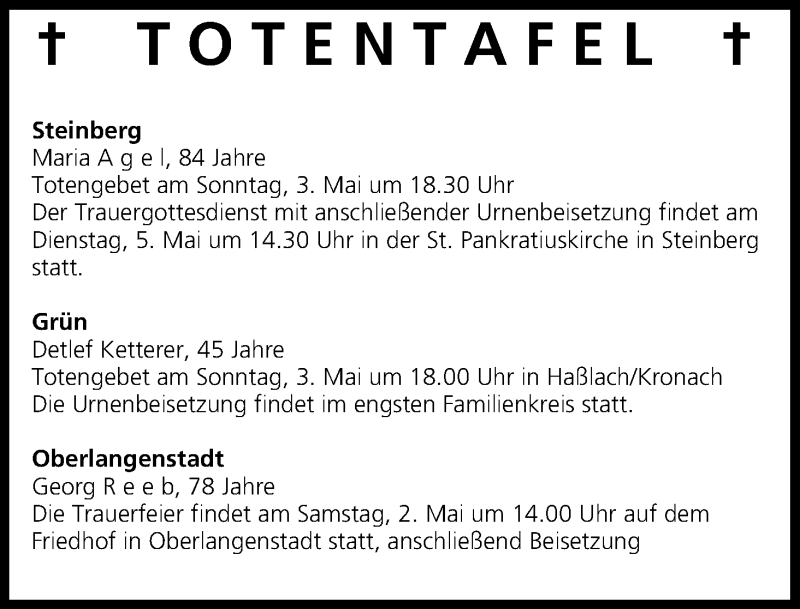  Traueranzeige für Totentafel 01.05.2015 vom 01.05.2015 aus MGO