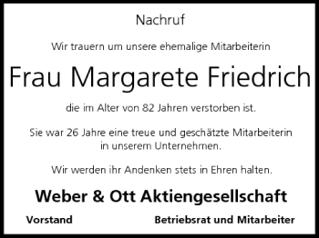 Anzeige von Margarete Friedrich von MGO