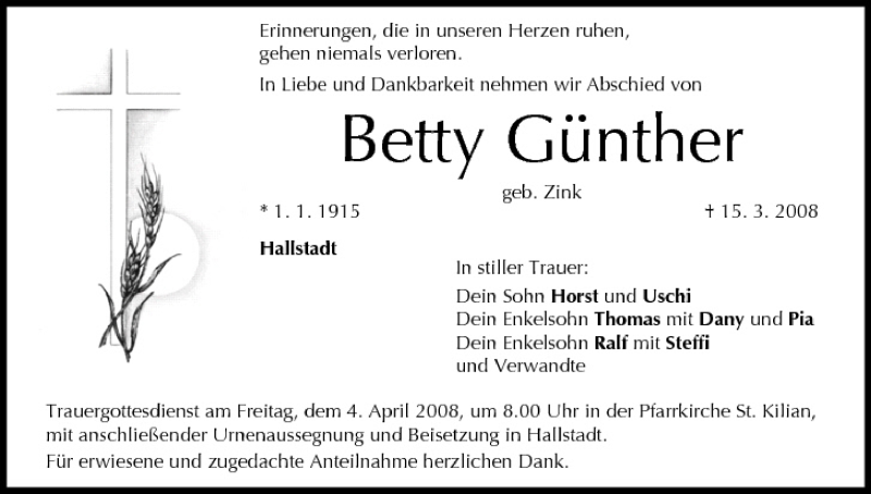 Traueranzeige für Betty Günther vom 02.04.2008 aus MGO