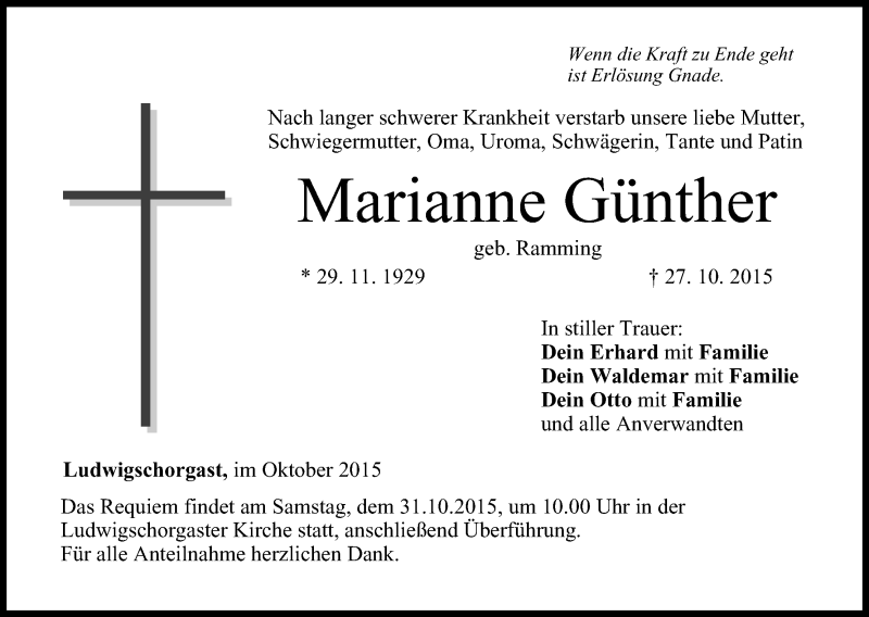  Traueranzeige für Marianne Günther vom 29.10.2015 aus MGO
