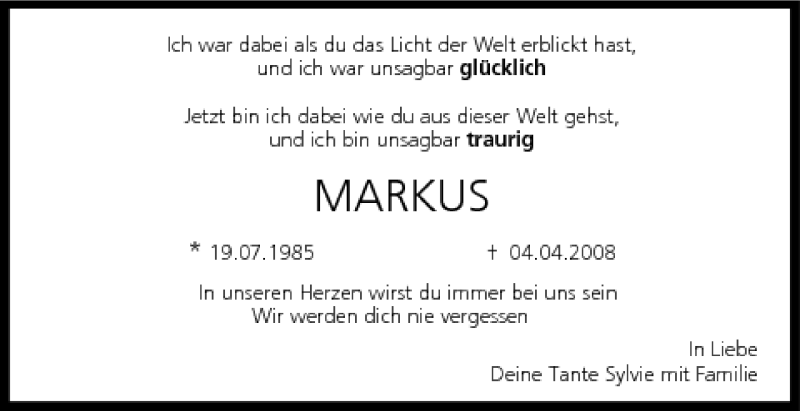  Traueranzeige für Markus Arneth vom 09.04.2008 aus MGO