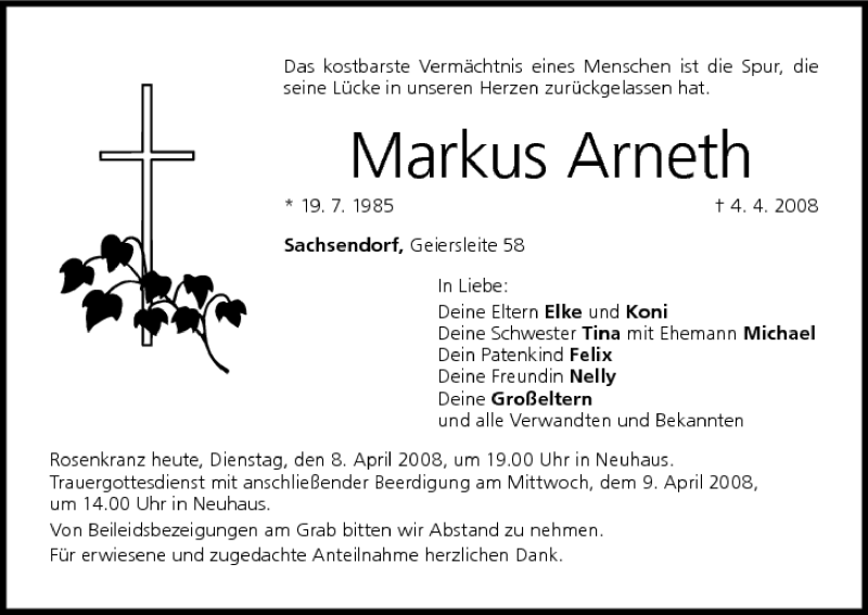  Traueranzeige für Markus Arneth vom 08.04.2008 aus MGO