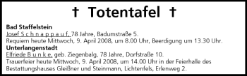 Anzeige von Totentafel vom 09.04.2008 von MGO