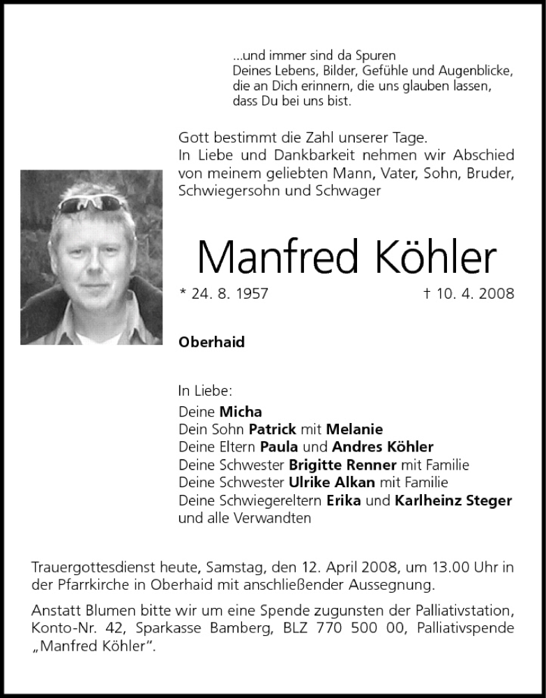  Traueranzeige für Manfred Köhler vom 12.04.2008 aus MGO