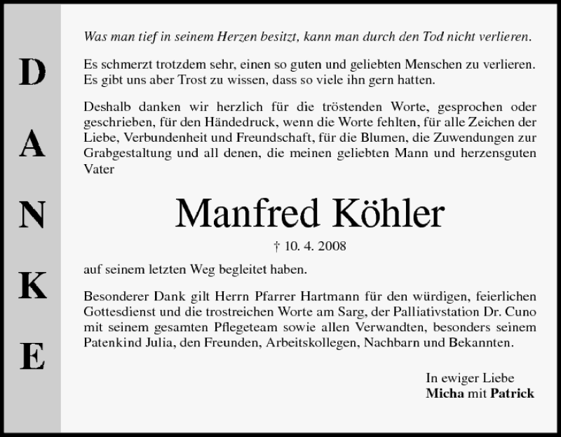  Traueranzeige für Manfred Köhler vom 19.04.2008 aus MGO