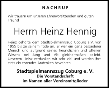 Anzeige von Heinz Hennig von MGO