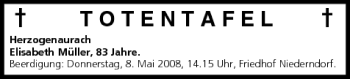 Anzeige von Totentafel vom 07.05.2008 von MGO