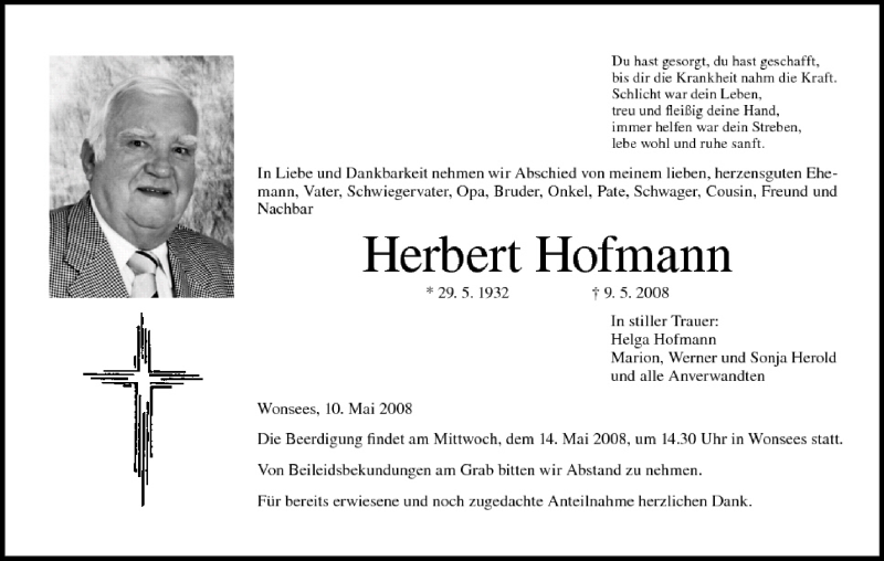 Traueranzeige für Herbert Hofmann vom 10.05.2008 aus MGO