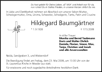 Anzeige von Hildegard Baumgärtner von MGO